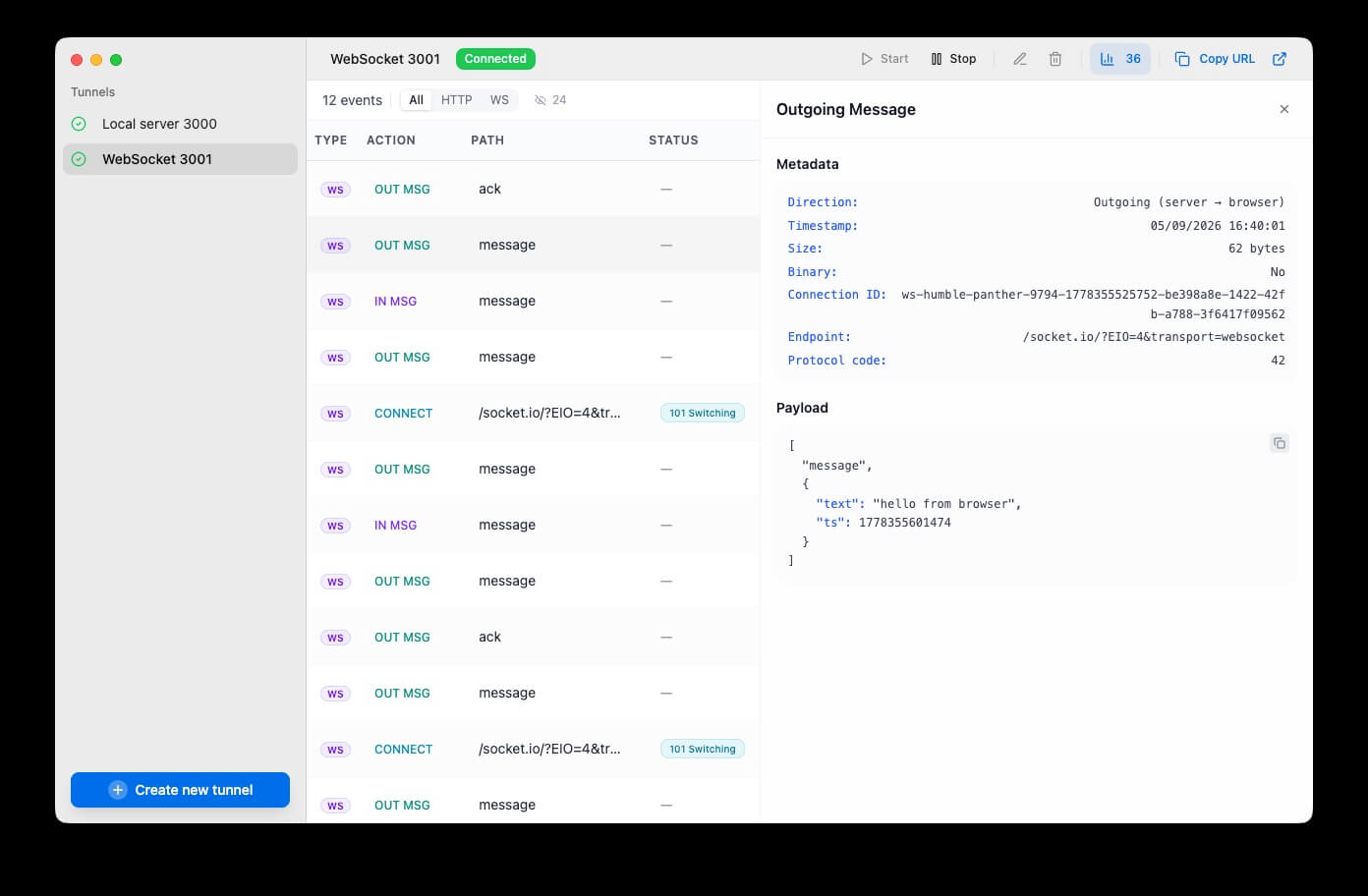 Tunnelwise request log showing WebSocket events filtered by WS, with a selected message and its payload visible in the detail panel